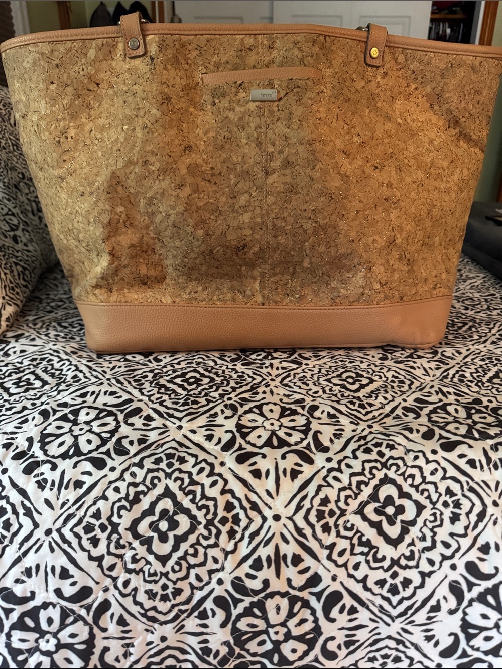 Thirty One Cork Tote Bag with Tan Leather Trim